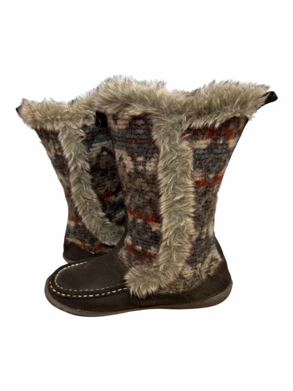 Woolrich Suede Wool Blend Fur Sherpa Winter Boots Aztec Toggle Mid Calf Size 7